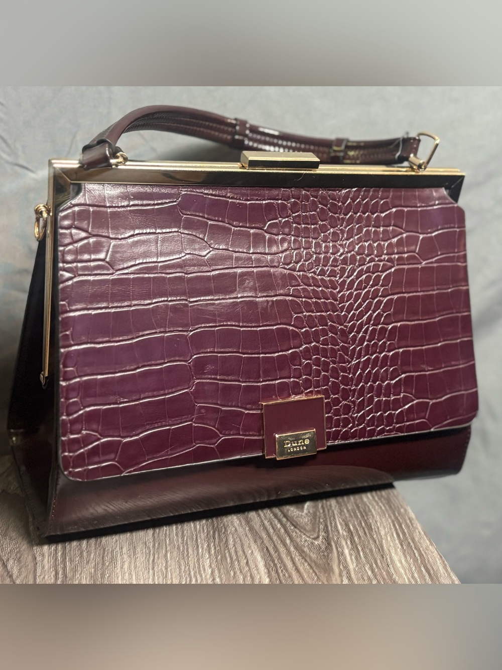 Dune London Croc-Embossed Top-Handle Satchel in Plum with Gold Hardware